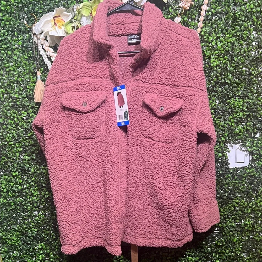 32 Degrees Heat Women's Pink Sherpa Jacket Sweater Button Down size Medium/Large - Picture 3 of 9